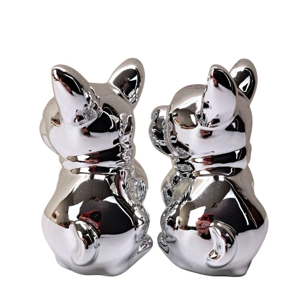 French Bulldog Figurine Set Of 2 Frenchie Dog Puppy Ceramic Silver Mirror Chrome - Picture 5 of 11
